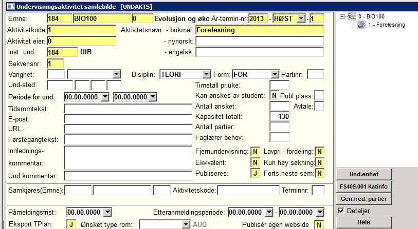 Legg inn informasjon om kapasitet på emnet Verdien fra feltet Kapasitet totalt på nivå 1 (aktivitetskode 1) vil bli kopiert over til bildet undervisningsenhet i mai/november.