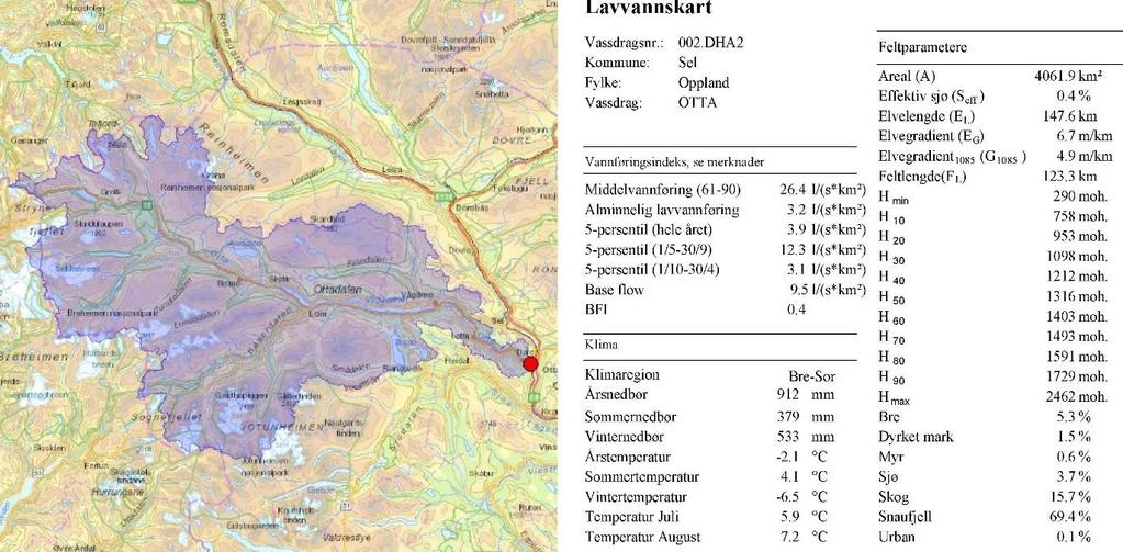 2.3.2 Nedbørfelt og lavvannsføring Ottavassdraget er det største sidevassdraget til Gudbrandsdalslågen, og drenerer de nordlige og sentrale delene av Jotunheimen.