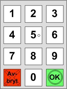 Fysisk betjening av tastatur [ 18] Dersom det benyttes et 3 x 4 tastatur skal følgende krav oppfylles: Tallene skal alltid kommer i rekkefølge 1-9 med 0 under 8.
