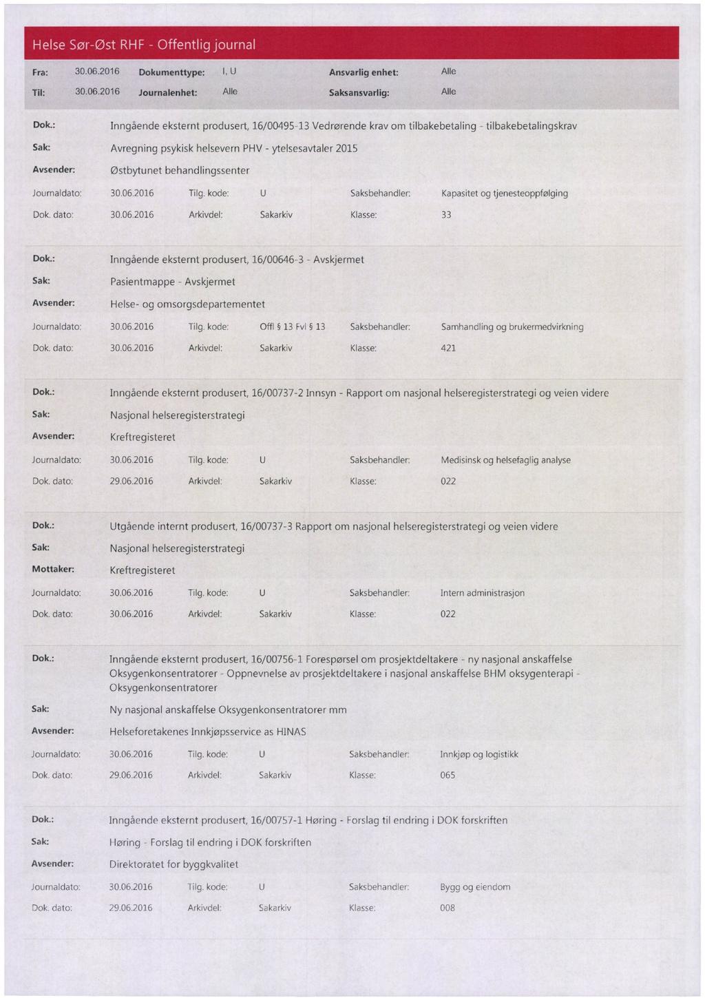 Tii: 30.06.2016 Journalenhet: Alle Saksansvarlig: Alle Dok.