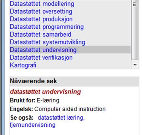 Figur 3: Eksempel på at den norske termen Datastøttet undervisning har et synonym (e-læring) og en engelsk versjon (Computer aided instruction).