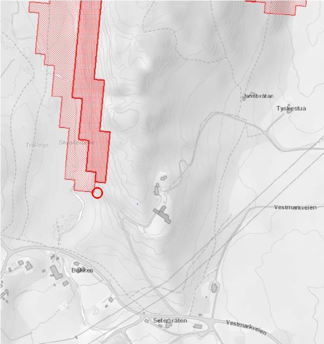 36 av 74 Figur 20 - Aktsomhetskart for snøskred ved Kattås. Rød sirkel viser planlagt påhuggplassering.