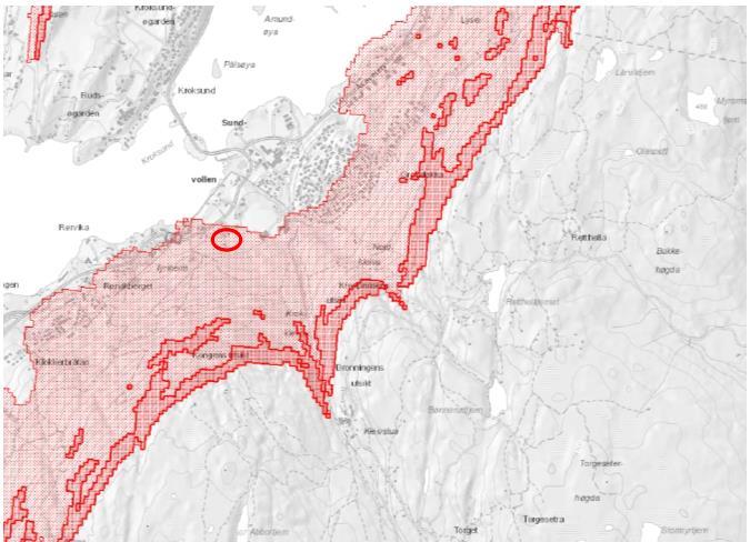 38 av 74 Figur 22 - Aktsomhetskart for snøskred. Potensielle løsneområder og utløpsområder på Sundvollen. Rød sirkel viser ca.
