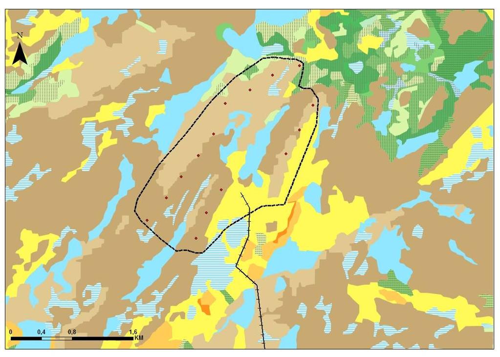 82 Figur 4.33. Arealkategorier i og ved planområdet. Figurforklaring: Treløse arealer over tregrensen er vist med brun farge, innmarksbeite med gult, dyrka mark med orange og skog med grønt.