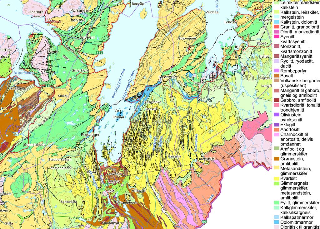 Figur 2. Berggrunnskart over Porsanger kommune. Den blå fargen viser områder med kalkrik dolomitt.