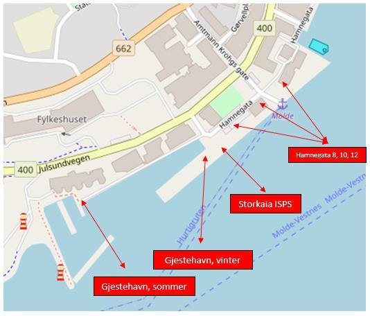 Storkaia Molde, Hamnegata 8, 10, 12 og Rekneskaia/Molde Gjestehavn Type utstyr Volum Avfallstype Plassering Lukket container 8m3 Restavfall Gjestehavn Lukket container 10m3 Restavfall Storkaia ISPS