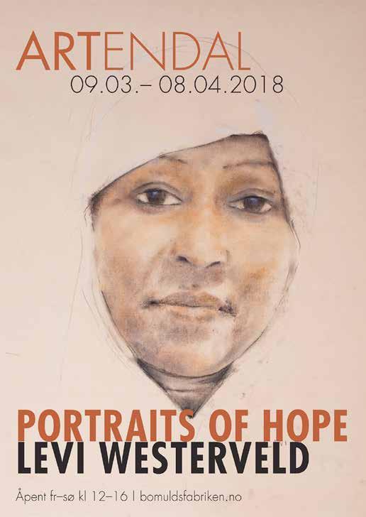 Utstillingen Portraits of Hope med kull- og pastelltegninger av Levi Westerveld presenterer en serie portretter av mennesker Westerveld har møtt her i Arendal, men som har flyktet hit fra Syria,