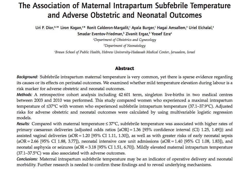n = 294,329 Compared with maternal temperature 37 C, subfebrile temperature was associated with higher rates of Acta Anaesthesiologica Scandinavica