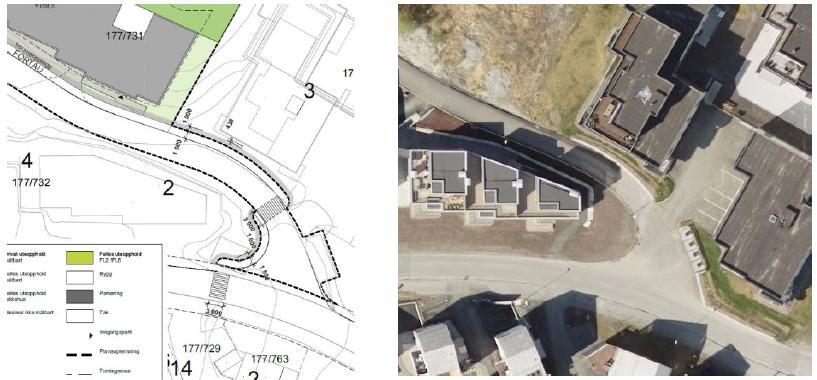 Side 9 Figur 6: Illustrasjon med fortau (venstre) og dagens situasjon (flyfoto).
