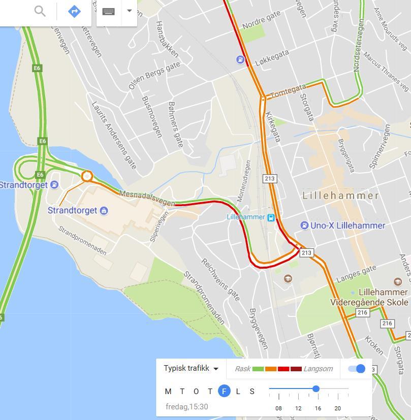 STRANDTORGET - TRAFIKALE VIRKNINGER AV OMDISPONERING AV AREAL 7 Google maps viser at fredag ettermiddag ofte er den mest belastede tidsperioden rundt planområdet (Figur 6).