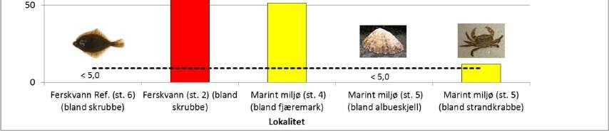Tabell 6-12. Analyseresultater for blandprøver av skrubbe samlet inn i Regebekken som drenerer lufthavnsområdet, samt i Skeiekanalen ca. 2 mil syd for Stavanger lufthavn (referansestasjon) i 2013.