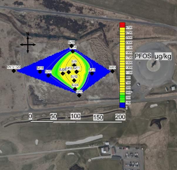 Figur 7-3. Viser interpolert PFOS-konsentrasjon i jord på og rundt BØF A for dybde 1,5-2,5 meter under terreng.