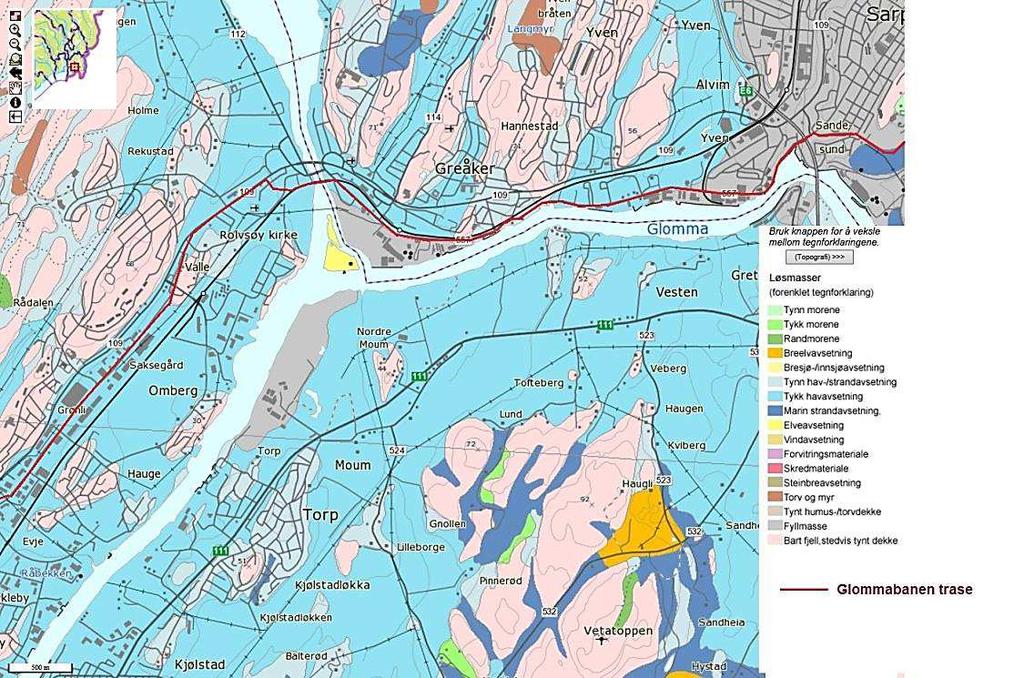 108 GLOMMABANEN.MULIGHETSSTUDIE tilleggsbelastninger på slike masser kan føre til stabilitet og setningsutfordringer. Figur 26 Trase Nedre bane syd for Rolvsøysundbrua.