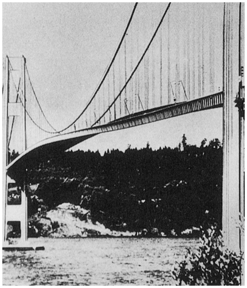 Tacoma Narrows Bridge on the morning of Nov. 7, 194. The bridge was an unusually light design, and, as engineers discovered, peculiarly sensitive to high winds.