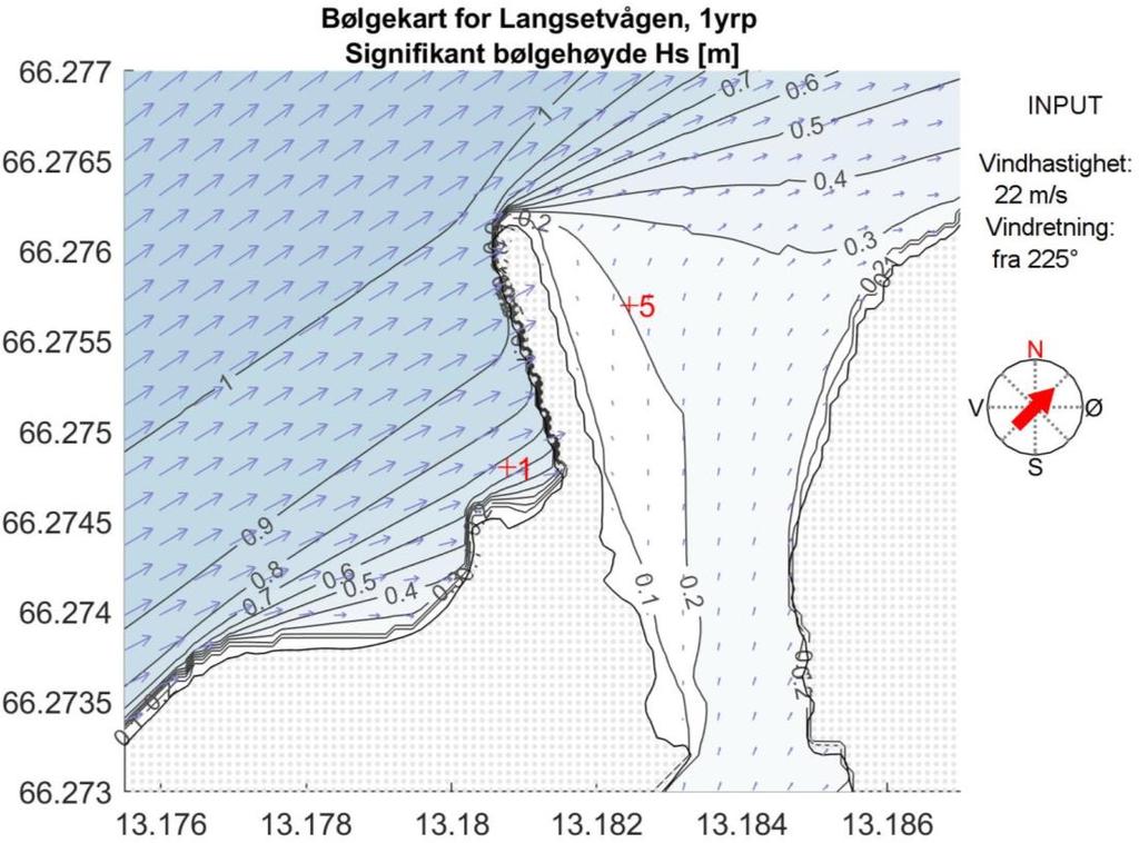Figur 12 Vindbølgetilstand ved Langsetvågen med molo ved liten storm fra sørvest (ett års returperiode).  418823-RIMT-NOT-002 22.
