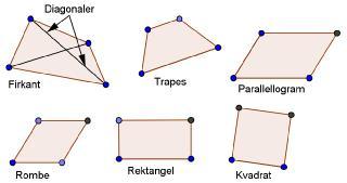 hjørnene. To sider kan altså ikke skjære hverandre. Linjestykkene AC og BD kalles diagonalene i firkanten. Hvis to av sidene i en firkant er parallelle, kalles firkanten for et trapes.