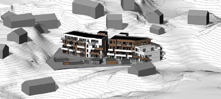Visualisering (3D volumer) Planlagt bebyggelse underordnes seg fint tomtens topografi. Bebyggelse plasseres i nær avstand til fjellveggen og vil dermed være en naturlig forlengelse av dette volumet.