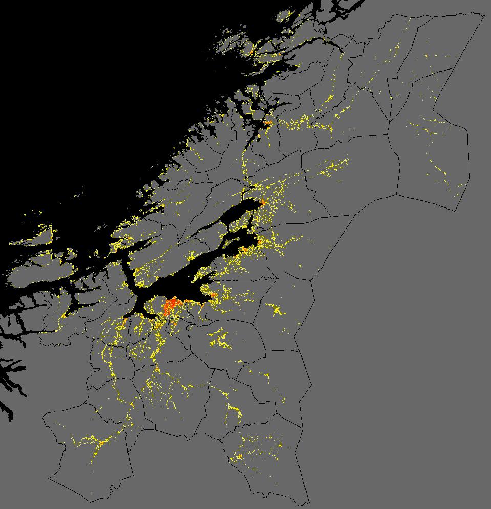 Hvor folk bor i Trøndelag? Kartet illustrerer hvor det bor folk i Trøndelag per 1 januar 2017. Kartet er delt i kvadrater på 250x250 meter. Grå arealer har ingen bosatte personer.