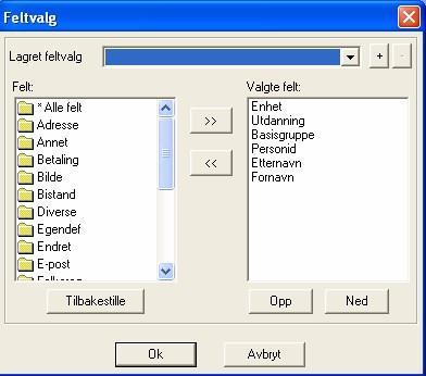 Klikk på knappen Velg felt for å kunne velge hvilke felt du ønsker å gjøre utvalg på. Du får følgende bilde: Vinduet på venstre siden viser mapper med felter som kan velges.