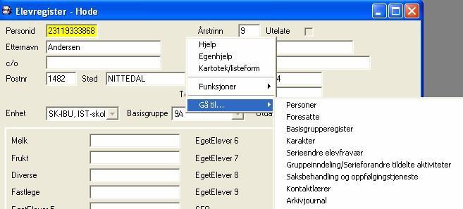 Med utgangspunkt i det elevkortet du står i, kan du nå velge å gå videre til flere ulike register. Dvs.