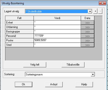 2. Velg Lagret utvalg «Skoletilkoble» 3. Fyll inn fødselsår (????09*) = elever født i 2009) og oppgitt postnummer.