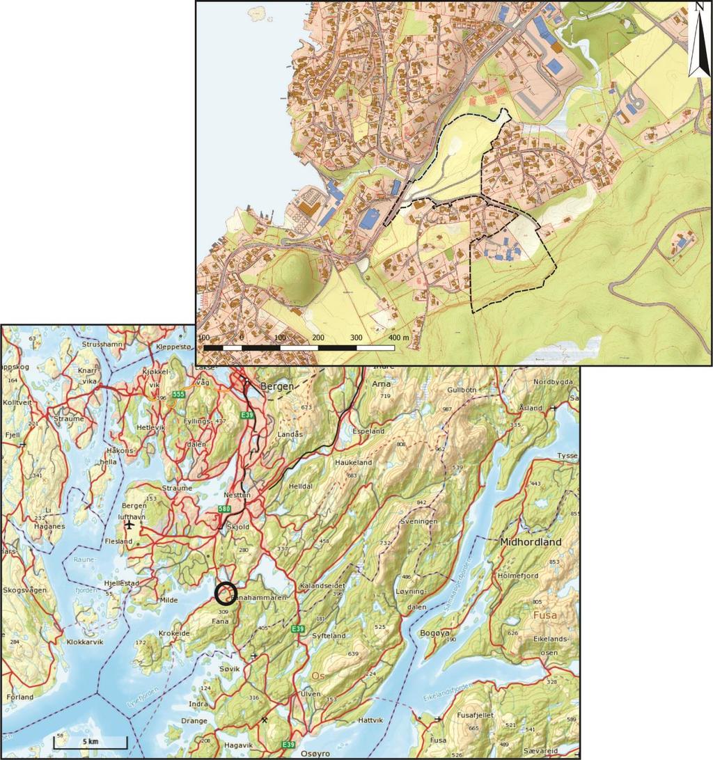 KAPITTEL 1 OMRÅDESKILDRING 1.1. Plassering Det undersøkte området ligg på gbnr. 97/307 m. fl. ved Fanastølen om lag 15 km sør for Bergen sentrum.