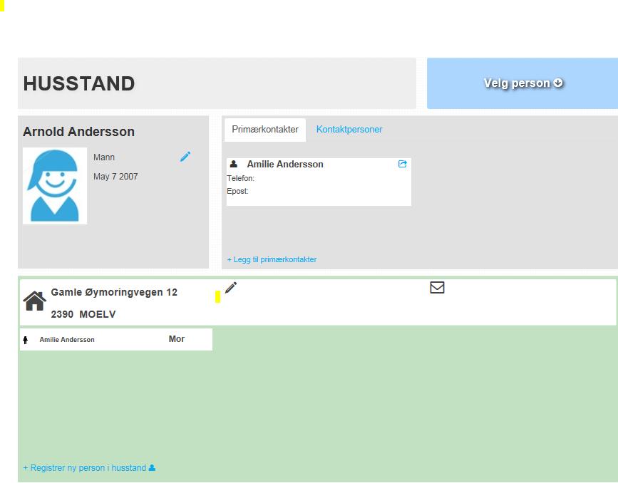Person har sitt eget menypunkt, her finnes valgene Husstand og Registrer ny person. 2.