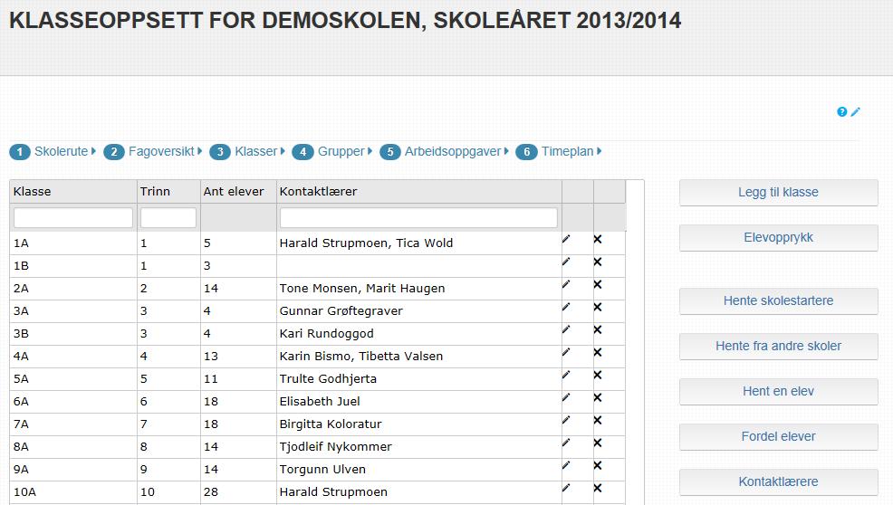 1.0 Opprett klasser Skolens ulike klasser vises i inngangsbildet til klasser. Her vises også kontaktlærerne. Tabellen kan sorteres og filtreres på de ulike kolonnene.