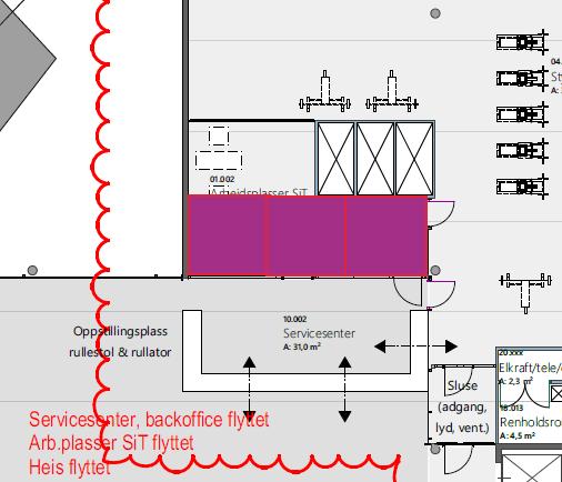 Serviceskranke og tilhørende funksjoner Det var enighet om at serviceskranken kan reduseres i omfang. Det må være plass til to gode arbeidsplasser bak skranken.