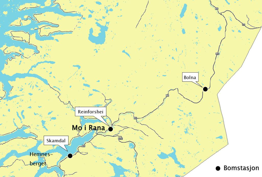 4 Prop. 102 S 2018 2018 Figur 3.1 E6 Helgeland nord plassering av bomstasjoner vet lagt til grunn. Det er beregnet at innkrevingsperioden i bomstasjonen på Bolna da blir redusert med ett år.