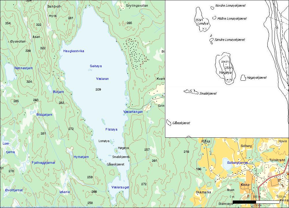 Figur 3d. Kart over åsområdet vest for Tyristrand med Væleren og Solbergtjern. Kartgrunnlag hentet fra nettsidene www.