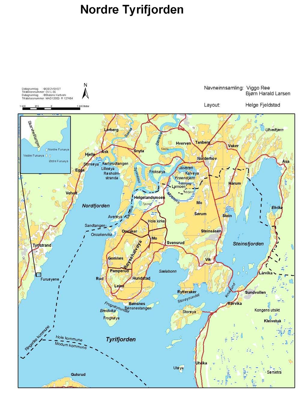 Figur 3a. Oversiktskart over Nordre Tyrifjorden våtmarkssystem med Furuøyene innfelt.