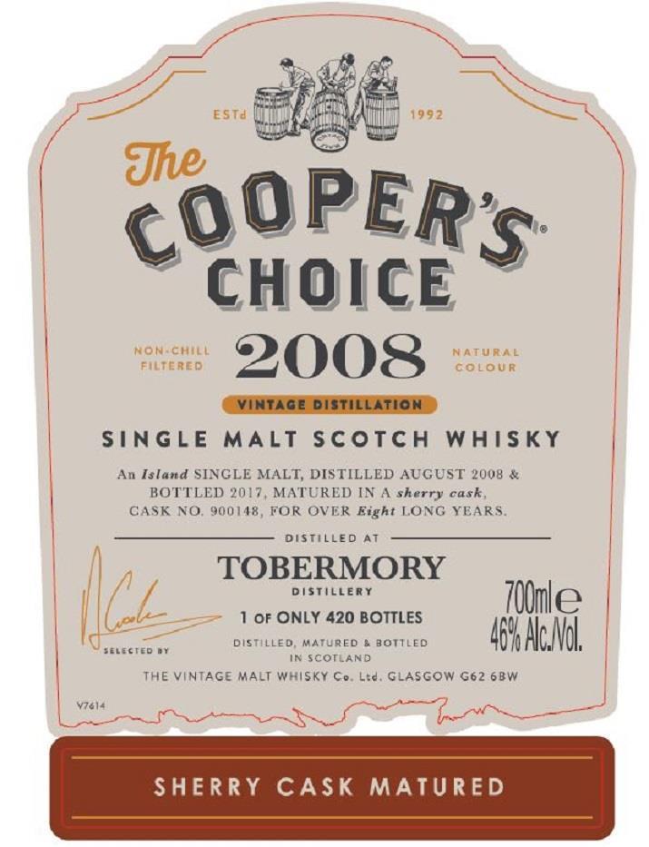 Coopers Choice Tobermory 2008 8 yo #900148 ex-sherry Destillert på Tobermory i august 2008, tappet i 2017. Lagret ex-sherry, fat nr 900148, i over 8 år.