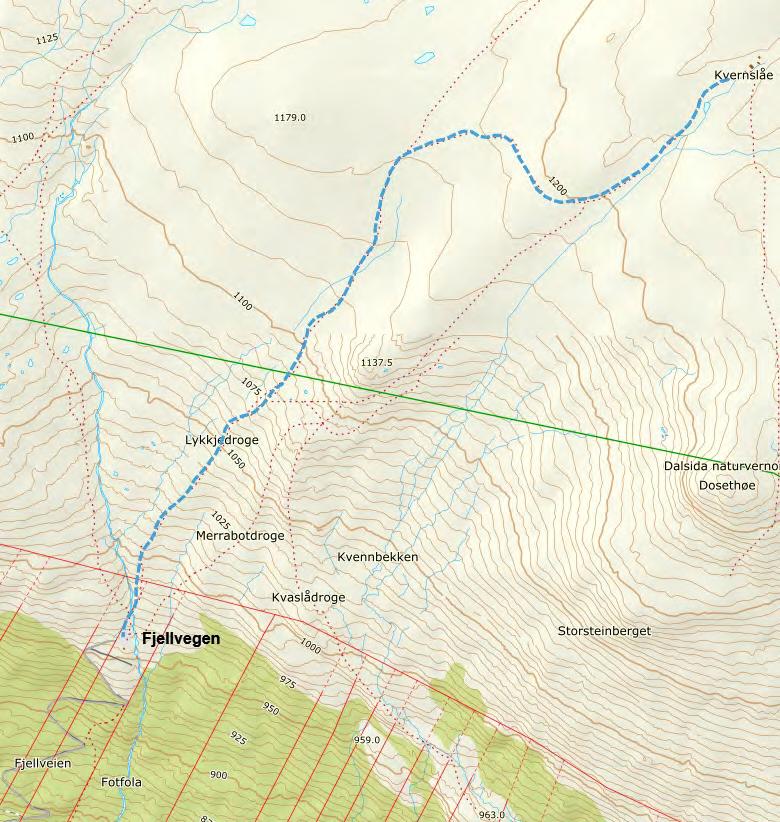 Kart 1: Kart over området mellom Fjellvegen og Kvernslåe.
