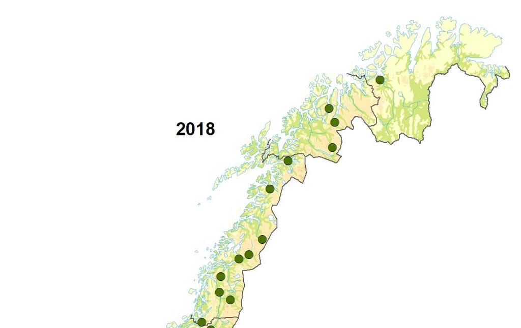 3 Resultater 3.1 Antall familiegrupper før jakt Før gaupejakta i 2018 er det estimert 57,5 familiegrupper på landsbasis (figur 3).