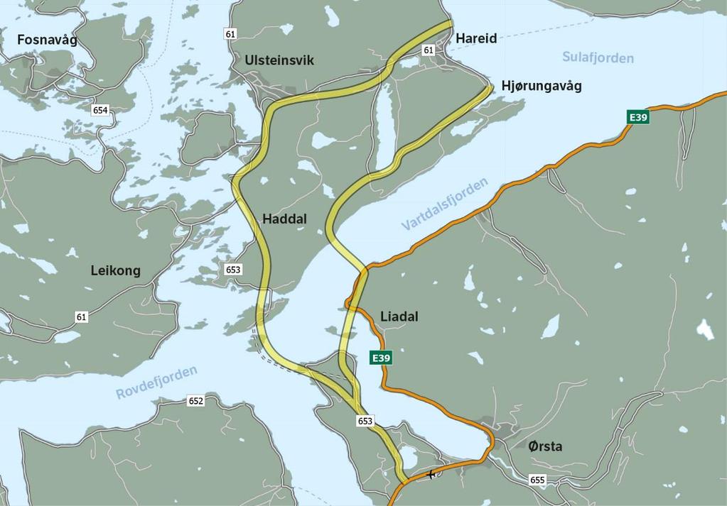 Volda-Ålesund E39 Furene-Hareid Trasé avhengig av kryssing av Vartdalsfjorden og