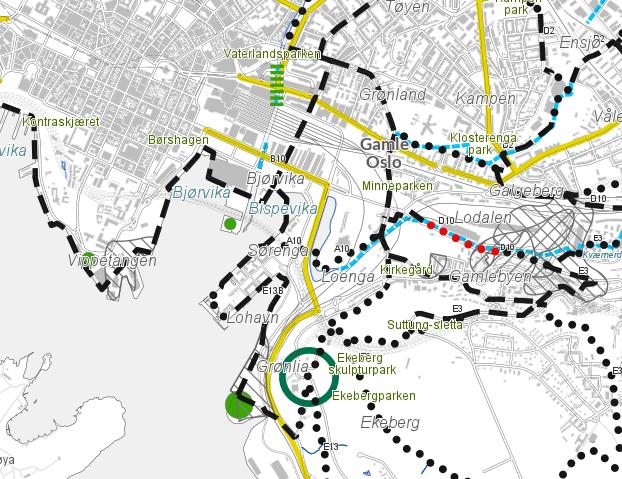 Figur 2 Utsnitt av Oslo kommunes temakart Blågrønn struktur (T7) Byråden ser på arbeidet med å videreutvikle sammenhengende blågrønne strukturer som et vesentlig bidrag for å gi kvalitet i