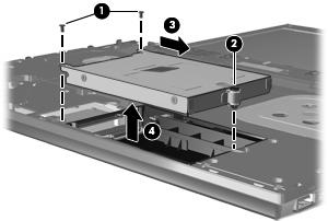 21. Løft harddisken (4) ut av harddiskbrønnen. Slik installerer du en harddisk: 1. Sett harddisken inn i harddiskbrønnen (1). 2.