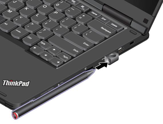 Sett inn ThinkPad Pen Pro i pennholderen på en av måtene som vises i følgende illustrasjoner: Tablet Digitizer Pen Enkelte datamaskinmodeller er utstyrt med en Tablet Digitizer Pen.