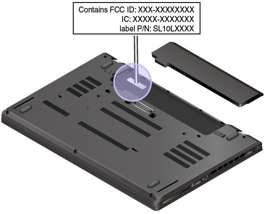 FCC-ID og IC-sertifiseringnummer Informasjonen om FCC- og IC-sertifisering identifiseres av en etikett på datamaskinen, som vist i følgende illustrasjon.