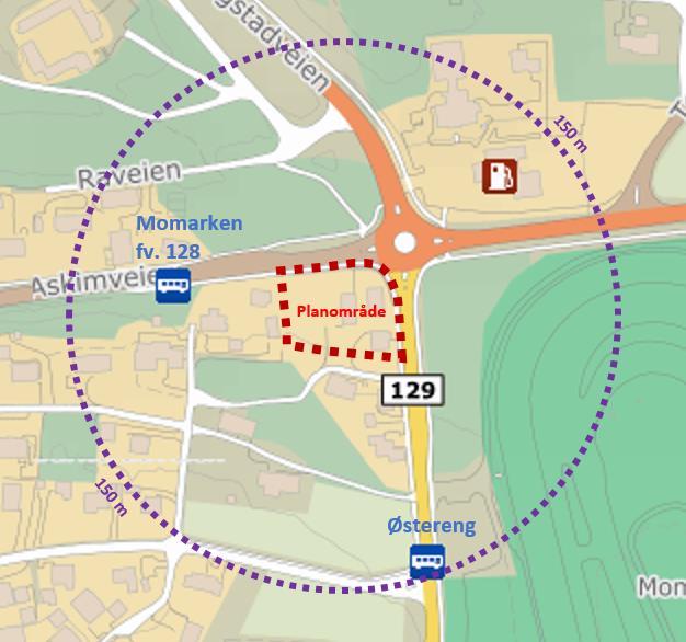 4 2.2 Kollektivtrafikk De to nærmeste bussholdeplassene til planområdet er Østereng og Momarken fv. 128. Begge holdeplassene ligger innenfor en 150 m radius til planområdet.
