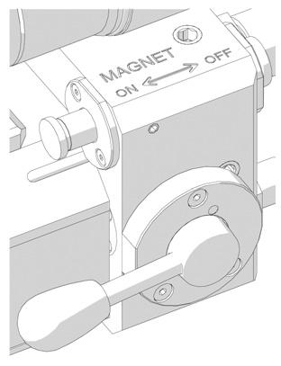 Bildet til venstre viser både magnet- og motorbryter i avslått posisjon. AV Aktivering av magnet PÅ Plasser maskinen i riktig posisjon før magneten aktiveres.