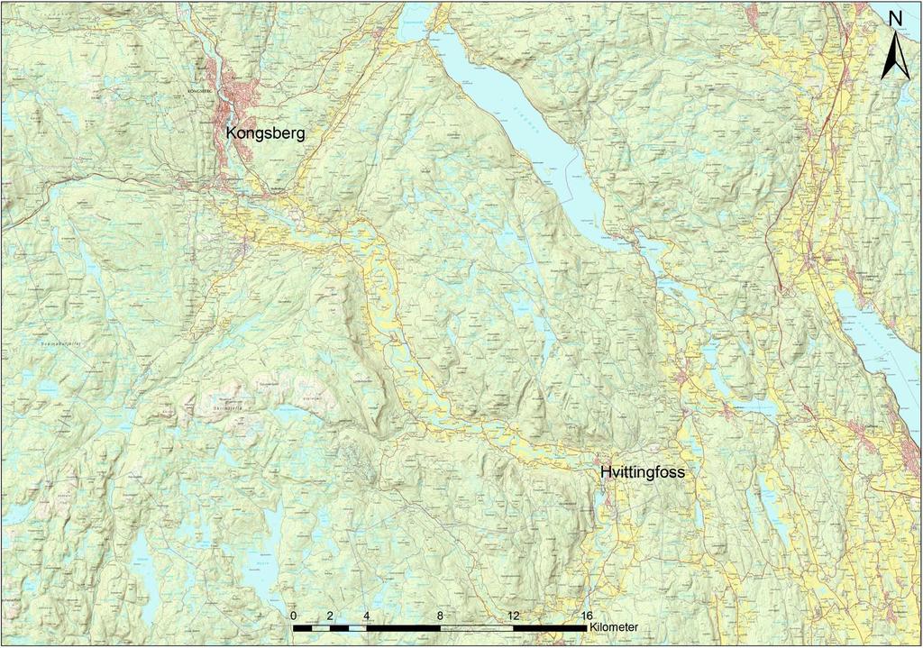 2. Oversiktskart over Kongsberg og Vettestad.