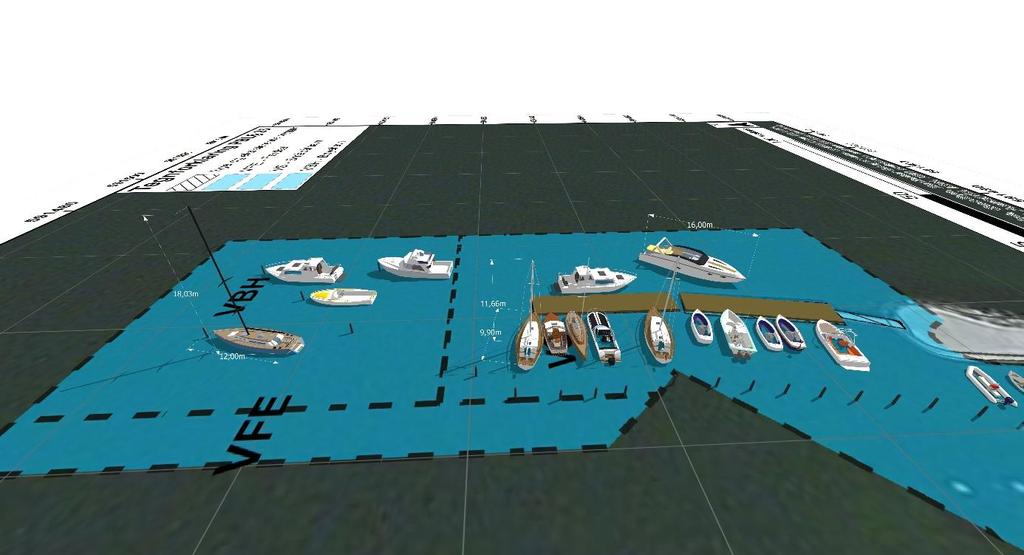 Figur 2. 3-d illustrasjon som viser en mulig situasjon der flere større båter bruker anlegget til samme tid. Illustrasjonen er grunnlaget for de fotomanipulasjonene som er vist i Figur 2-6.