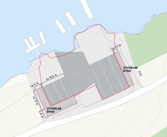 Figur V5: Kart som viser ønsket utvidelse av båthallen. Totalt ca. 190 kvadratmeter for BKK og ca. 80 kvm for BR.