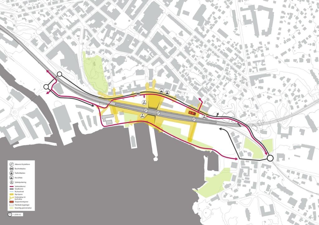 Stasjon i Indre havn (Lav variant) Stasjon med to spor og 350 meter lange plattformer FORELØPIG!