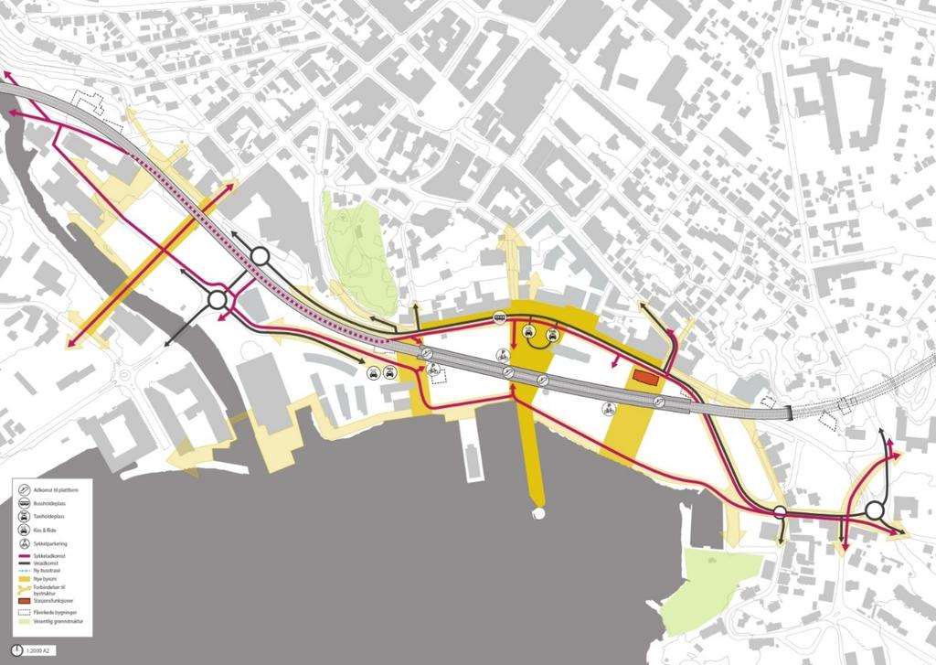 Stasjon i Indre havn (Høy variant) Stasjon med to spor og 350 meter lange plattformer FORELØPIG!