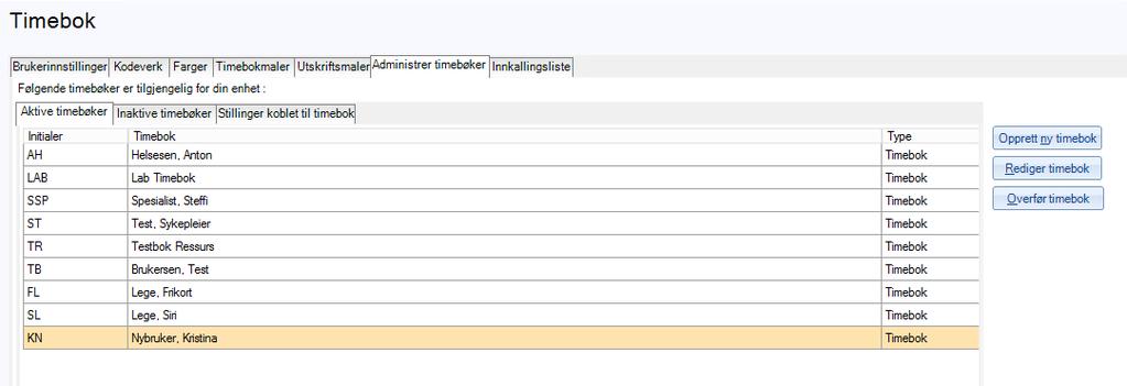 Ny timebok er nå opprettet og ligger tilgjengelig i listen for aktive timebøker slik som