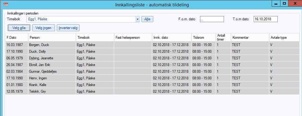 Du vil nå få opp listen med pasienter som passer ditt søkekriteria. Trykk på <Velg alle> om det ønskes å tildele automatiske timer på alle pasienter i listen du fikk frem.