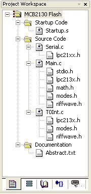 s sadrži startup kod za LPC2138 - serial.c sadrži inicijalizaciju serijskog porta i komunikaciju za kontrolu i informacije o wave fajlu - main.
